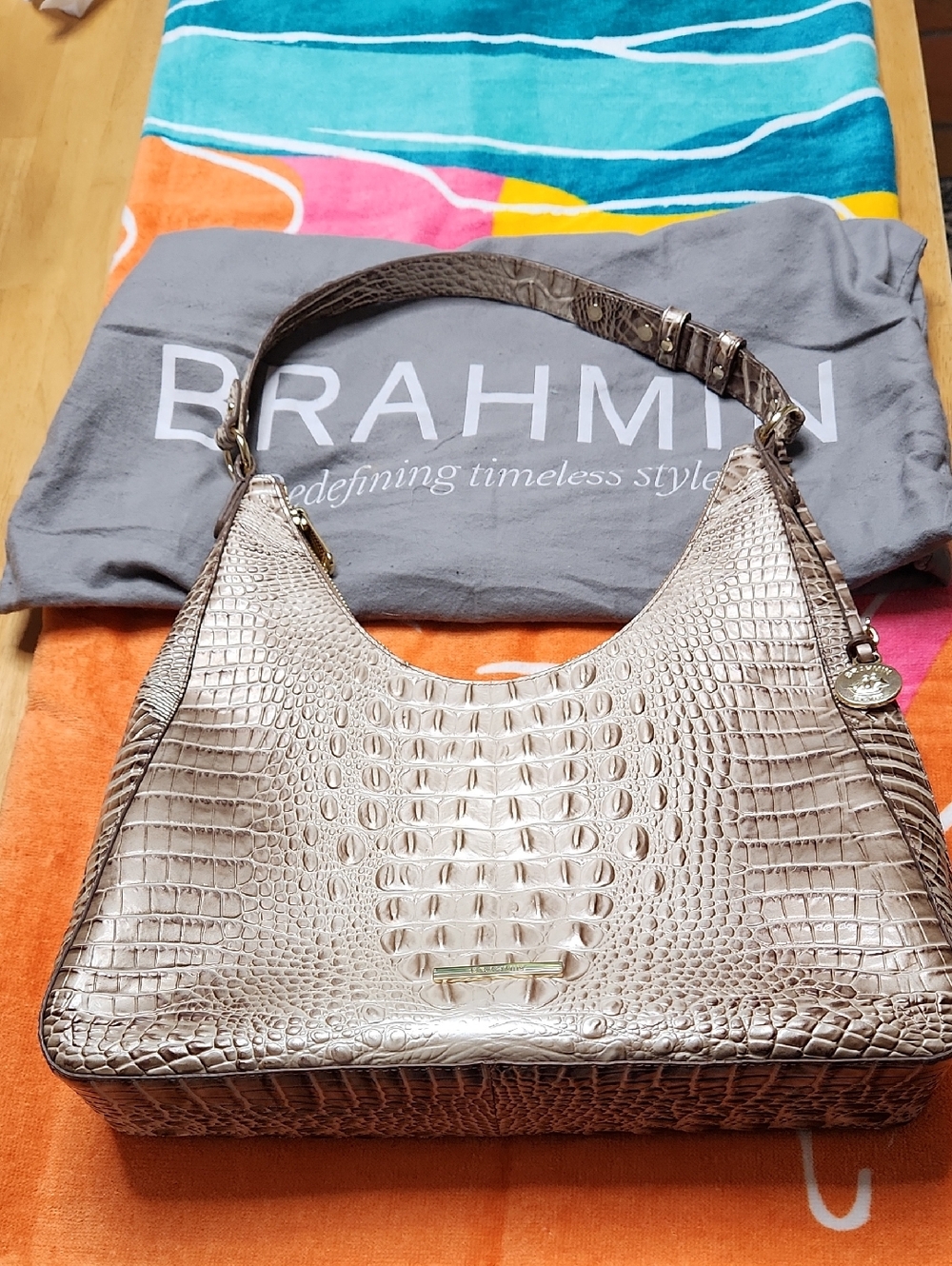 Brahmin Metallic Taupe Croc-Embossed Shoulder Bag